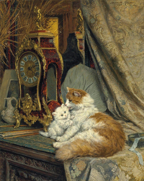 Digital Print - A Mother Cat and her Kitten with a Bracket Clock by Henritte Ronner-Knip