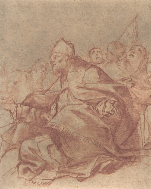 Digital Print - Seated Bishop with Arms Extended and Three Attendant Figures by Mattia Preti