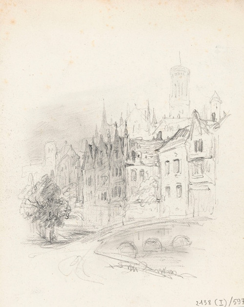 Digital Print - View from the Meebrug, on the Steenhouwersdijk in Bruges by Nicaise De Keyser