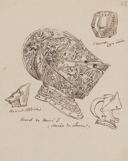 Digital Print - Drawings of Helmets from the 13th and 14th Centuries and the Helmet of King Henry II (from ca. 1560) from the Louvre Collection by Stanisaw Wyspiaski