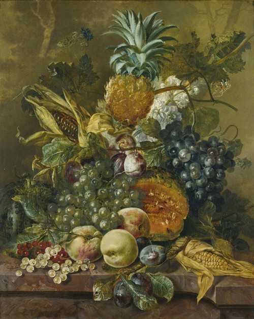 Digital Print - A pineapple, plums, grapes and other fruit with corn on a marble ledge by Jacobus Linthorst