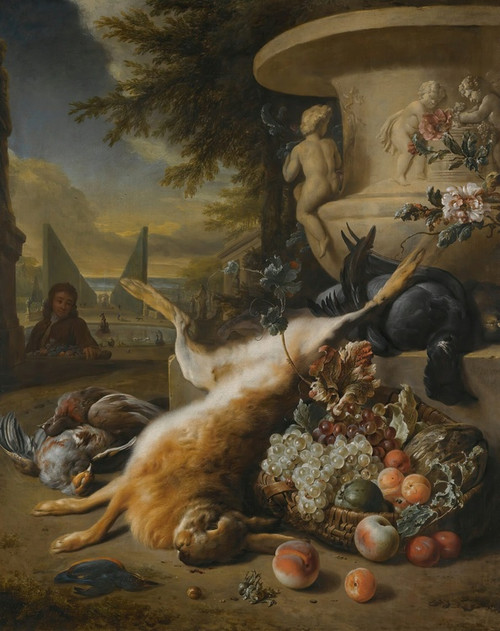 Digital Print - A Still Life Of Game Birds, Grouse, A Hare And A Kingfisher, With A Basket Of Fruit At The Foot Of A Stone Urn, An Ornamental Garden With A Fountain Beyond by Jan Weenix