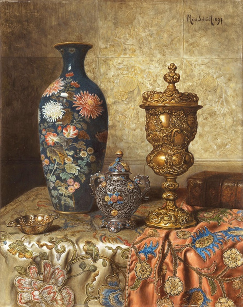 Digital Print - Still Life with Cloisonn Vase, Covered Goblet, Lidded Vase and Tastevin by Max Schdl