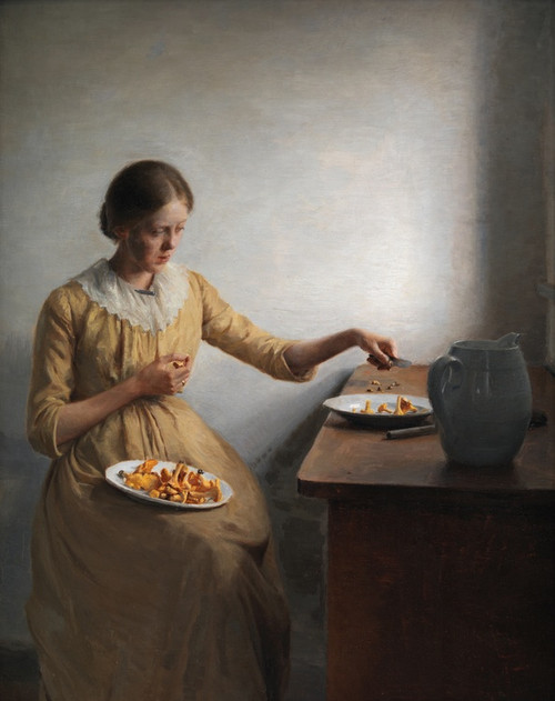 Digital Print - A Young Girl Preparing Chantarelles by Peter Ilsted