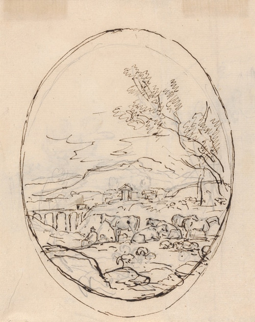 Digital Print - Cattle in a field with mountains and bridge in background by Sawrey Gilpin