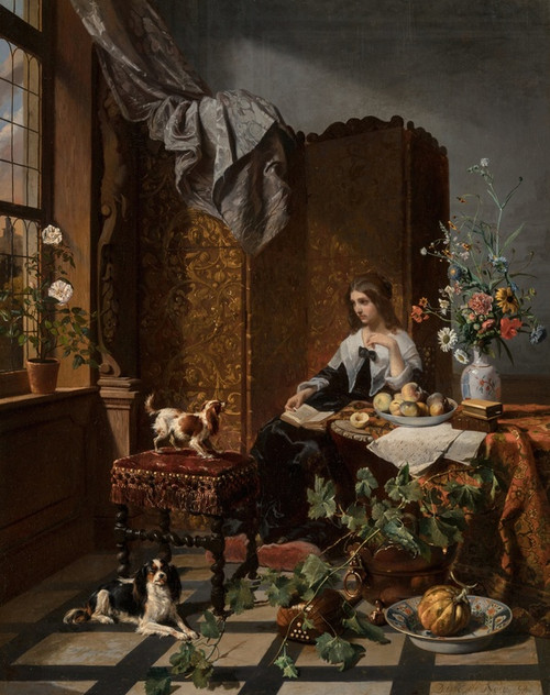 Digital Print - A woman with lapdogs in a lavish interior by David mile Joseph de Noter