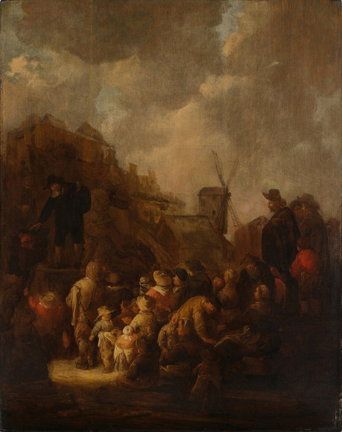 Digital Print - A peddler before a crowd of villagers in a town square by Benjamin Gerritsz. Cuyp
