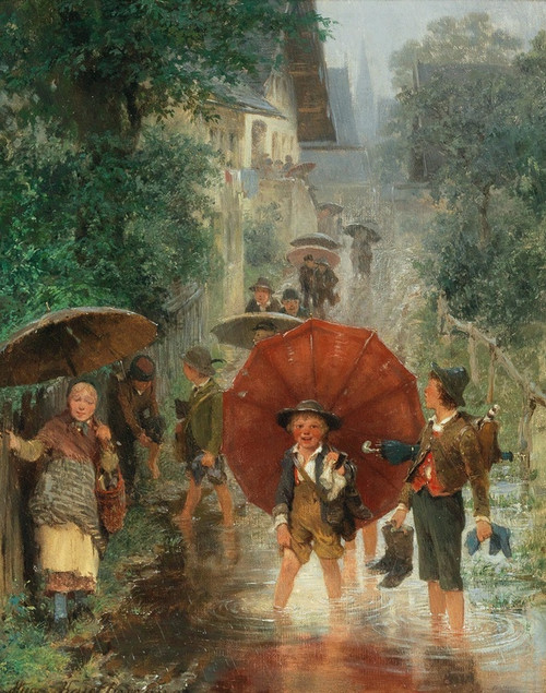 Digital Print - After school (children in the rain) by Hugo Kauffmann
