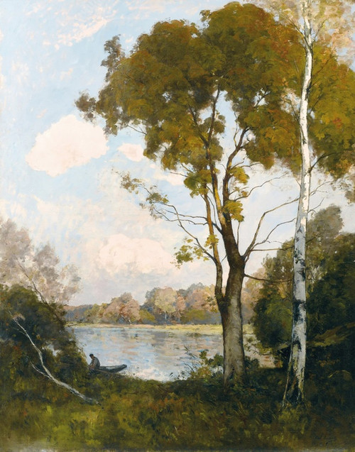 Digital Print - Barque au soleil couchant, deux grands arbres  droite by Paul Lecomte