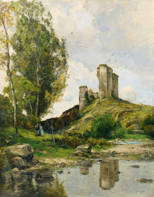 Digital Print - Vue de Hrisson avec deux paysannes et un enfant by Paul Lecomte