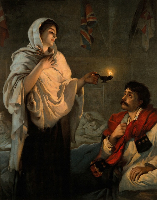 Digital Print - Florence Nightingale with her lamp at a patient's bedside. by After Henrietta Rae