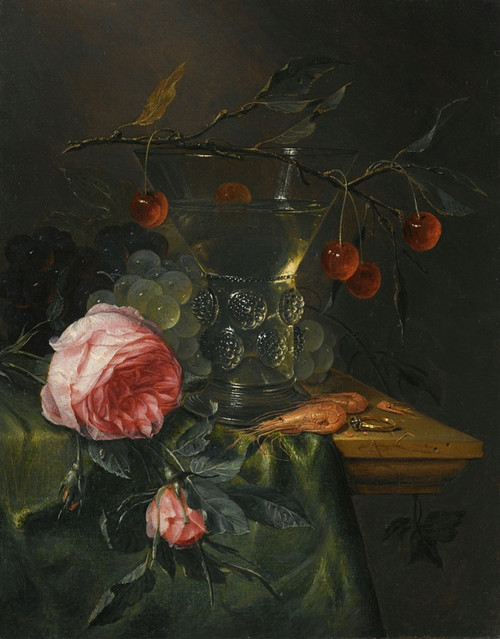 Digital Print - A Still Life With A Cherry Branch Over A Half-Full Conical Roemer, Red And Green Grapes by Pieter de Ring
