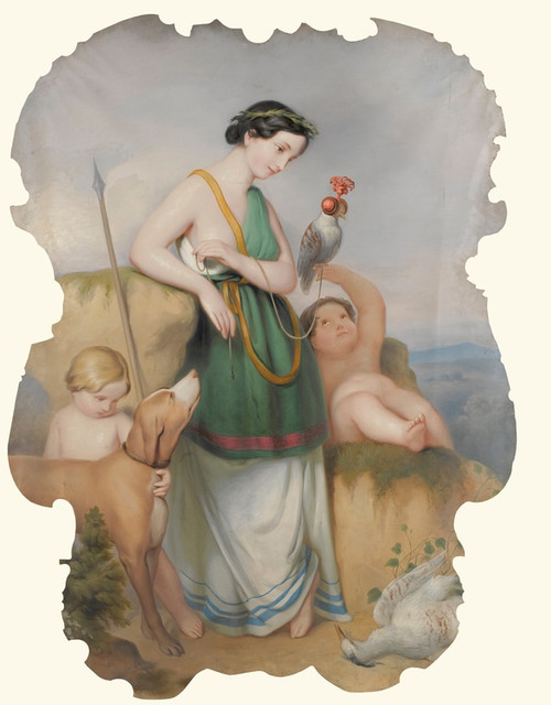 Digital Print - Girl With Two Children, Hound And Birds by Continental School
