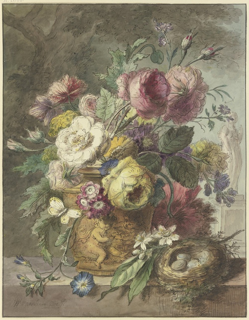 Digital Print - Blumenstrau in einem figurativ mit einem Putto gestaltenen Topf, dabei ein Vogelnest, im Hintergrund eine Statue by Willem van Leen