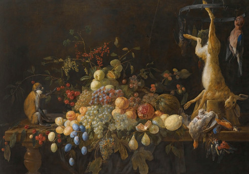 A Still Life With Grapes, Figs, Apples, Oranges, Apricots, Lemons, A Melon, Loganberries, An Open Pomegranate And Cherries (1647) by Adriaen van Utrecht Art Print Download