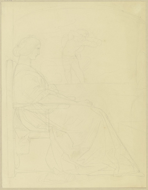Digital Print - Eine Dame am Fenster sitzend, im Hintergrund ein Amorknabe mit Pfeil und Bogen by Eduard von Steinle