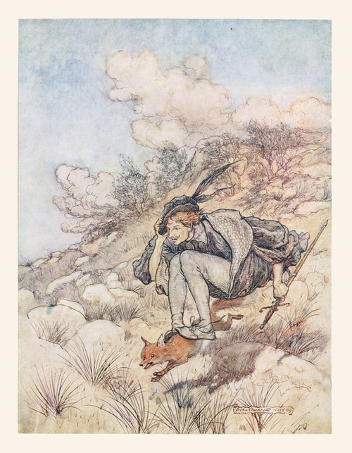 Digital Print - Away they flew over stock and stone, at such a pace that his hair whistled in the wind by Arthur Rackham