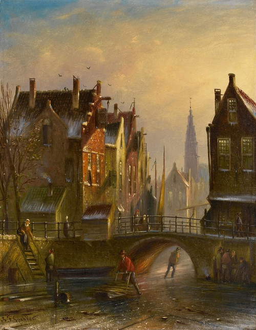 Digital Print - Skaters on a canal in Amsterdam with a view of the Zuiderkerk beyond by Johannes Franciscus Spohler