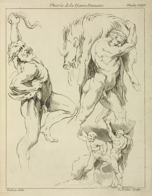 Digital Print - Four studies of figures; one wrestling with a snake, one lifting a dead boar, and two 'Atlas' figures lifting a globe by Peter Paul Rubens