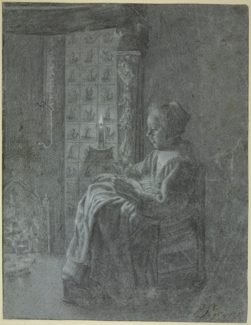 Digital Print - Sitzende junge Frau bei Kerzenschein mit einem Glas in der Hand by Pieter Cornelisz van Slingelandt