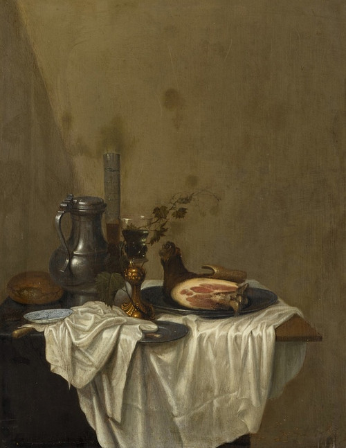 Digital Print - Still life with a pewter jug, roemers and a leg of ham, together on a table draped with a white tablecloth by Gerrit van Vucht