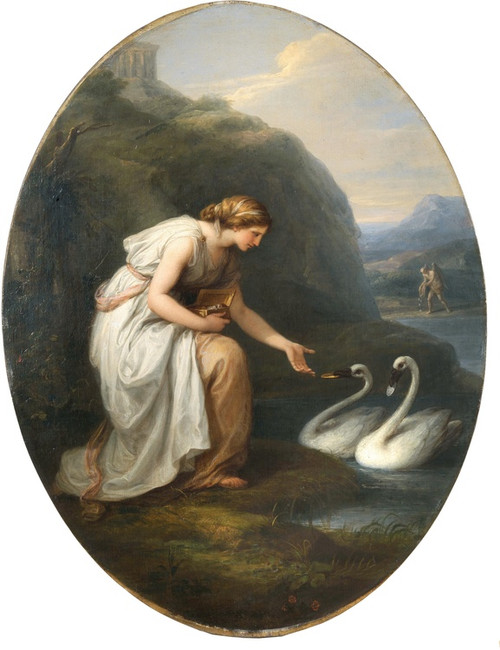 Digital Print - Immortalia, the nymph of immortality, receiving nameplates from two swans by Angelica Kauffmann