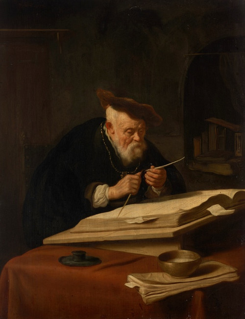 Digital Print - A scholar sharpening his quill by Salomon Koninck