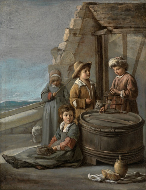 Digital Print - Children with birdcage and cat by Mathieu Le Nain
