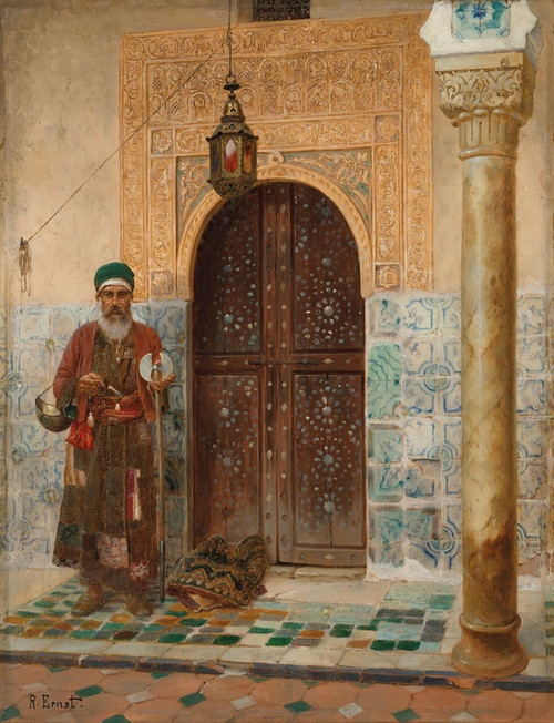 Digital Print - A holy man by an entrance by Rudolf Ernst