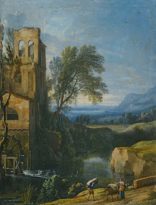 Digital Print - A River Landscape With A Watermill To The Left And Figures With A Donkey In The Foreground by Pierre Antoine Patel the younger