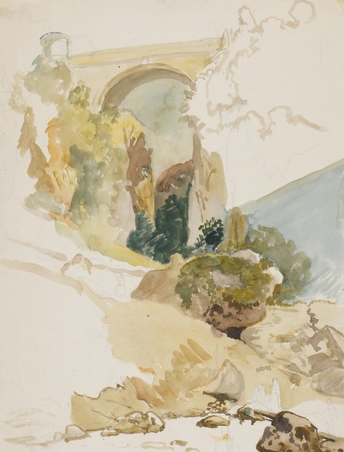 Digital Print - Akvarelstudie af landskab med en bro over en klft by Wilhelm Marstrand
