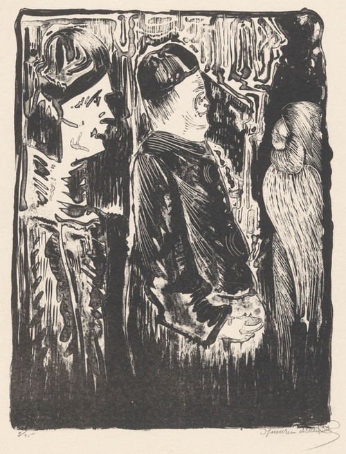 Digital Print - Fantasie; links twee figuren met mutsjes naar rechts, rechts een ingekraste verschijning met verenkleed by Samuel Jessurun de Mesquita