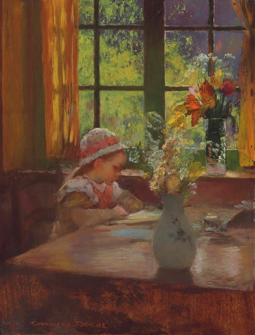 Digital Print - A young girl with bonnet reading by a window by Gaston La Touche