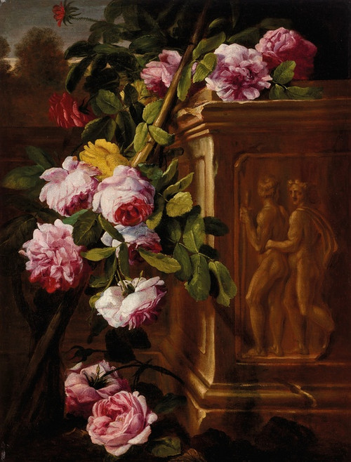 Digital Print - Roses in a garden with a sculpted plinth by Abraham Brueghel