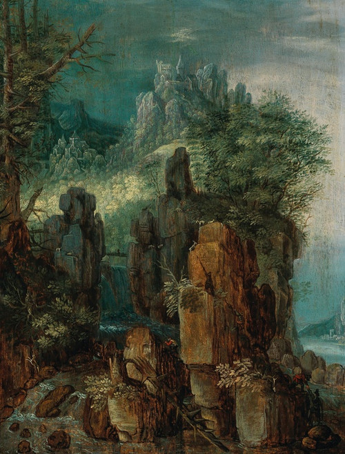 Digital Print - A mountainous river landscape with figures and goats, a village beyond by Roelant Savery