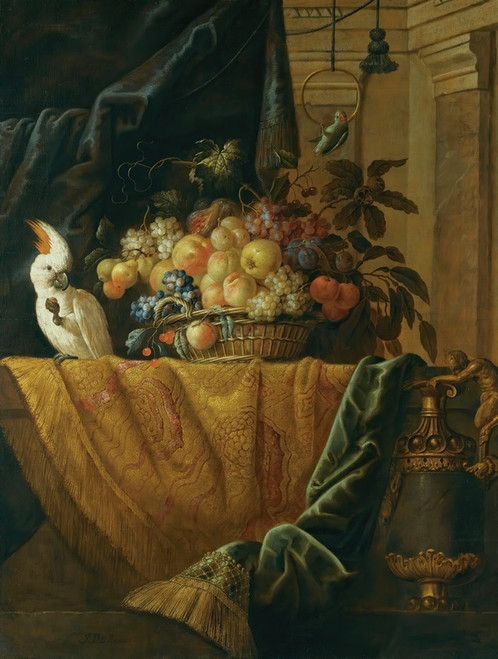 Digital Print - A Still Life With A Basket Of Fruit And A Parakeet Upon A Ledge Draped WithA Damask Beside An Ormolu Mounted Porphyry Vase by Jan Pauwel Gillemans the Younger