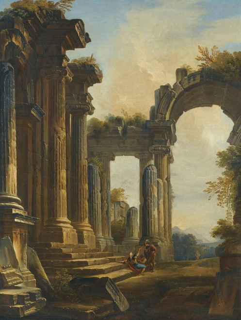 Digital Print - A Capriccio Of Classical Ruins With Three Men Conversing At The Steps Of A Temple by Giovanni Niccol Servandoni