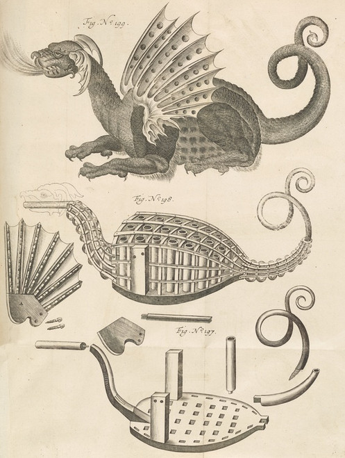 Digital Print - Plate Q: Pyrotechnic set piece of a dragon by Jacob van Meurs