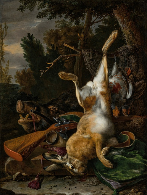 Digital Print - A game still life with a hung hare, a boar's head and a musket in a landscape by Melchior d'Hondecoeter