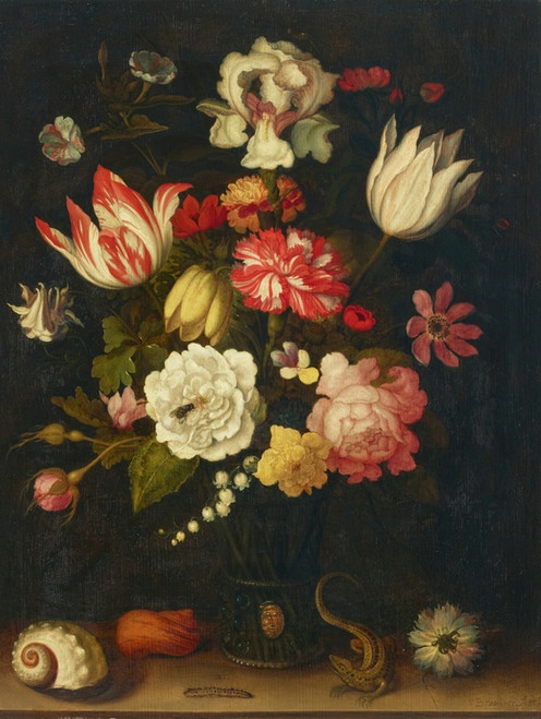 Digital Print - Tulips, carnations, roses and other flowers in a roemer with shells and a lizard on a ledge by Balthasar van der Ast