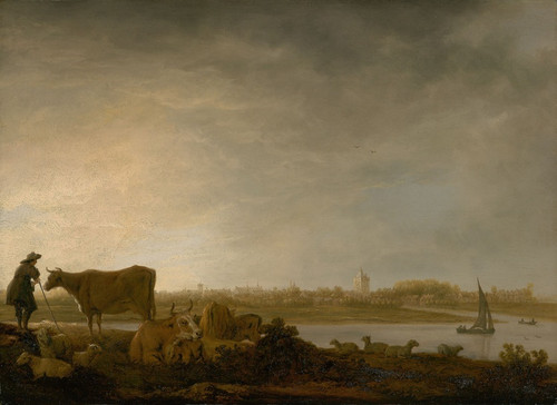 A View of Vianen with a Herdsman and Cattle by a River (c. 1643) by Aelbert Cuyp Art Print Download
