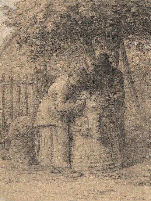 Digital Print - Sheepshearing Beneath a Tree by Jean-Franois Millet