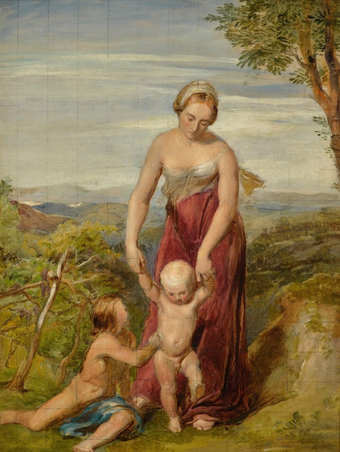 Digital Print - A woman with two children in a hilly landscape by George Richmond