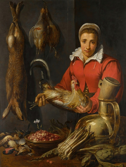 Digital Print - A female merchantholding a cockerel, with game, asparagus, artichokes, utensils and a bowl ofwild strawberries by Frans Snyders