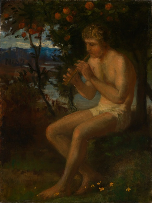 Digital Print - Boy playing the flute by the lake by Albert Lang
