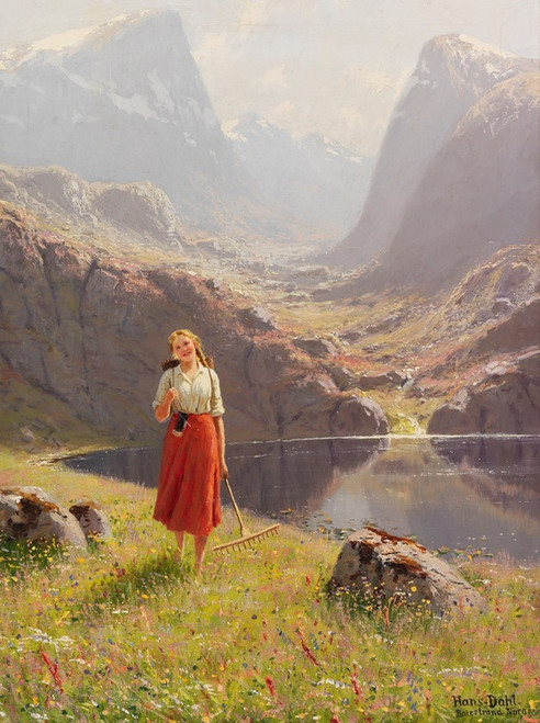 Digital Print - Summer by the Norwegian fjord - girl returning home with a rake and box by Hans Andreas Dahl