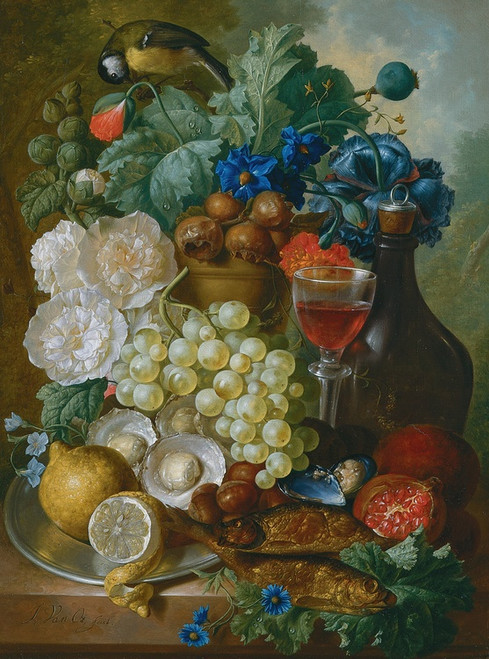 Digital Print - Still Life With Fruit And Flowers, Together With Oysters, Mussels, A Glass Of Wine, A Decanter And Other Objects On A Stone Ledge by Jan Van Os