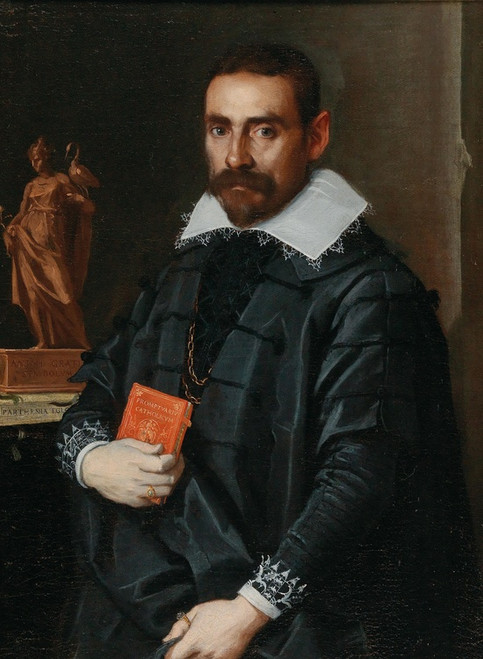 Digital Print - Portrait Of A Gentleman, Three-Quarter Length, Holding A Book With A Statue In The Background by School of Bergamo