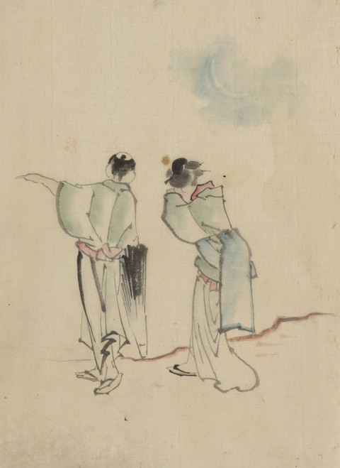 Digital Print - A man and a woman, seen from behind, are looking to where the man is pointing with his left arm by Katsushika Hokusai