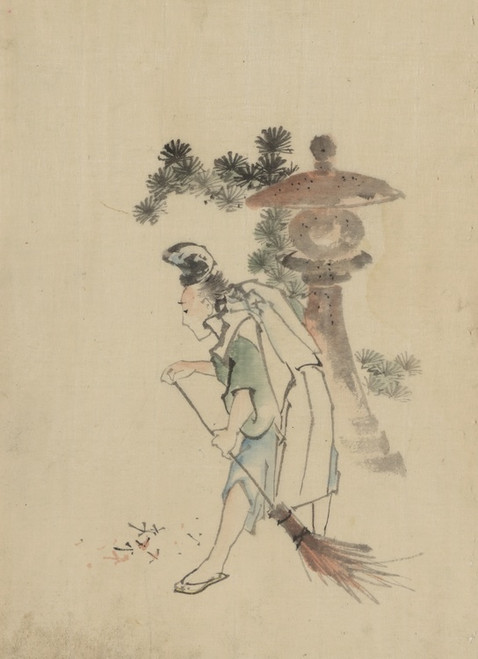 Digital Print - A man sweeping pine needles that have fallen from a tree near a stone shrine by Katsushika Hokusai